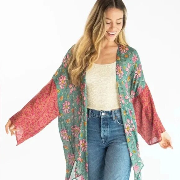 Natural Life Pink Lilies Mix Florals Sierra Mixed Print Kimono Size S/M 41240 - Picture 1 of 9